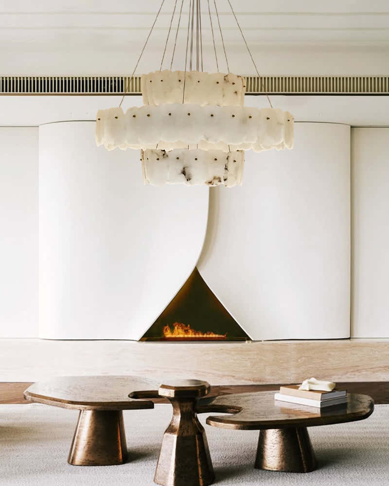 3-tiered stairwell chandeliers | irregular alabaster plate in disk ceiling with long cord