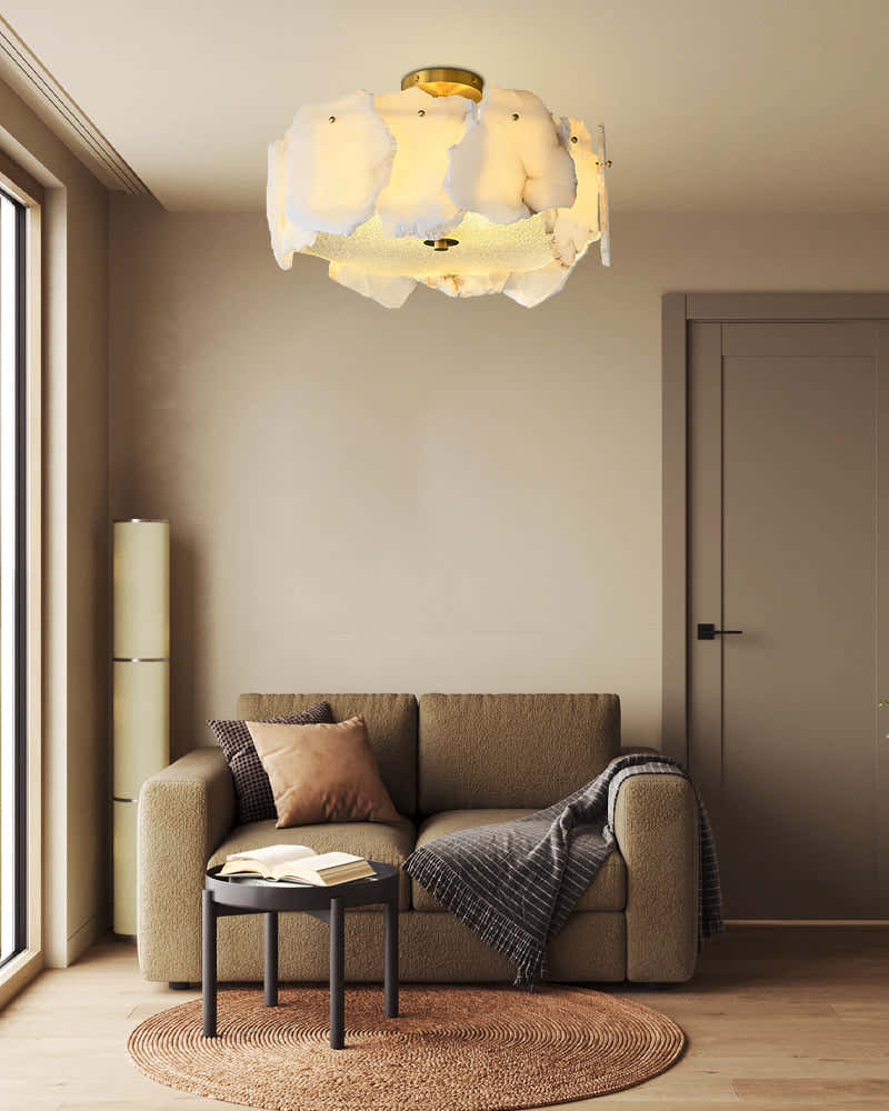 3-tiered stairwell chandeliers | irregular alabaster plate in disk ceiling with long cord