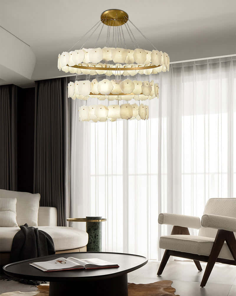 3-tiered stairwell chandeliers | irregular alabaster plate in disk ceiling with long cord