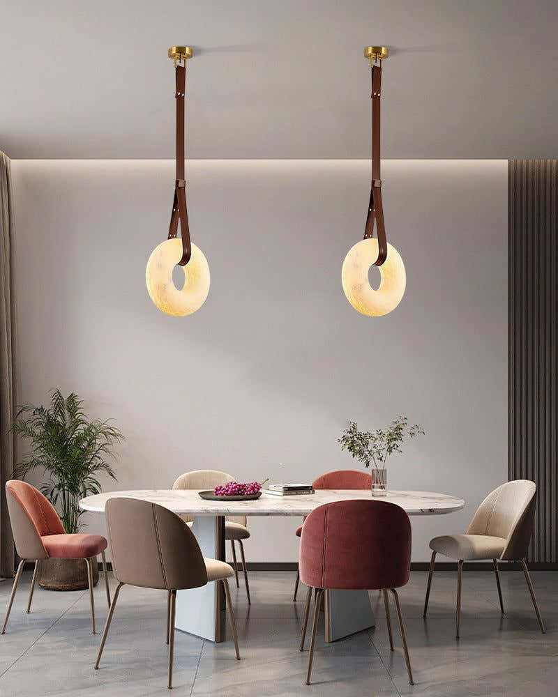 Round LED White Marble Pendant lamp with adjustable leather, Dia 12/16"