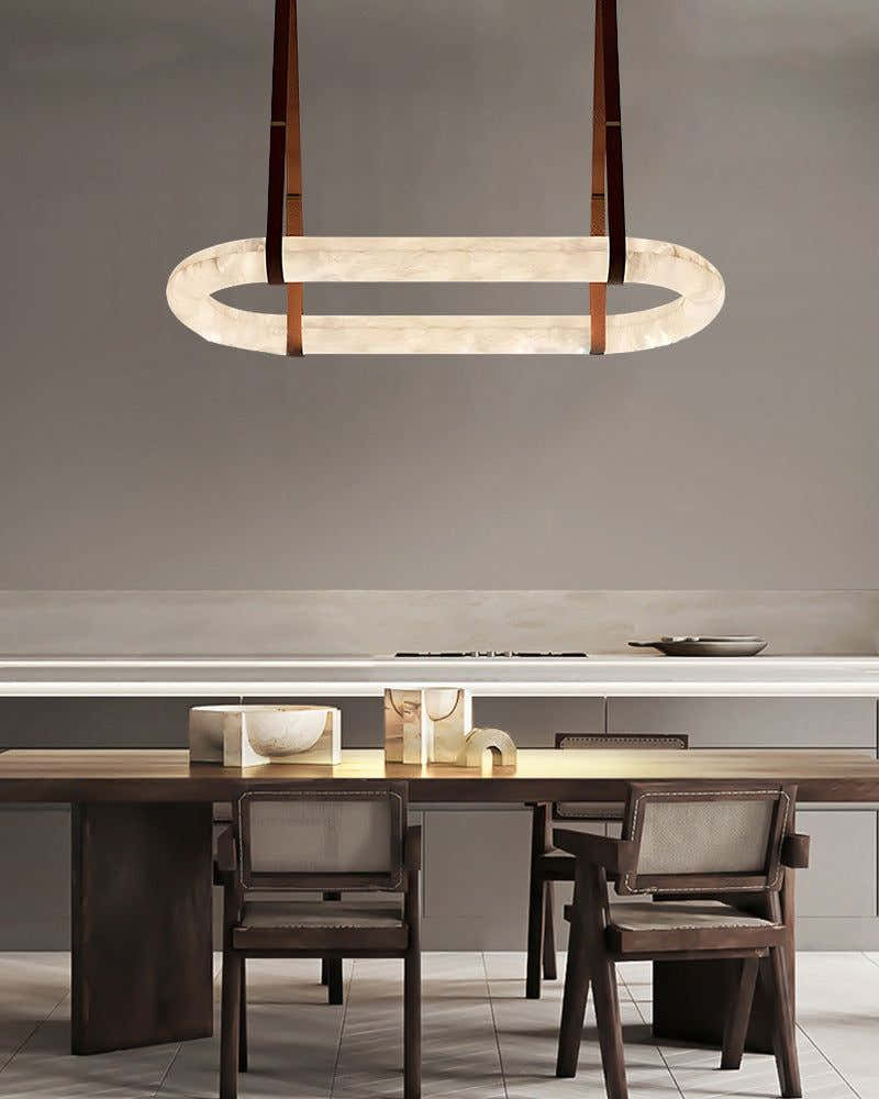 Round LED White Marble Pendant lamp with adjustable leather, Dia 12/16"