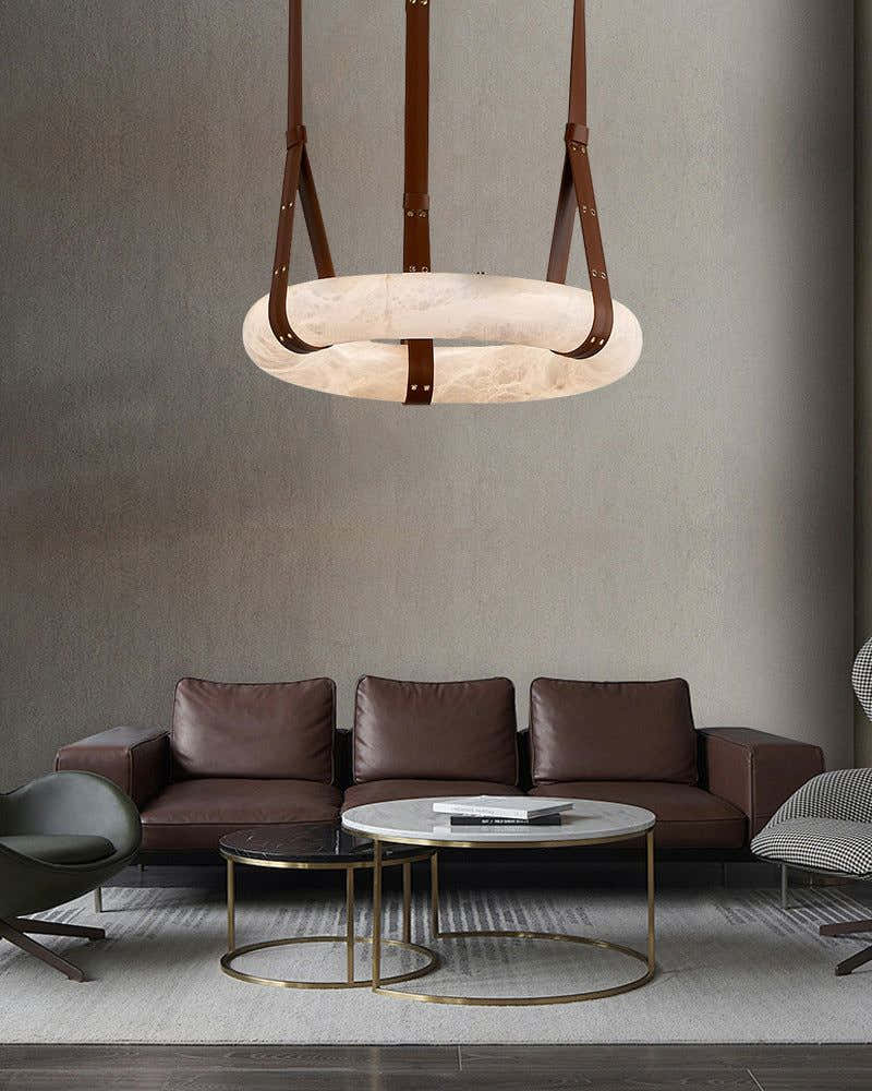 Round LED White Marble Pendant lamp with adjustable leather, Dia 12/16"