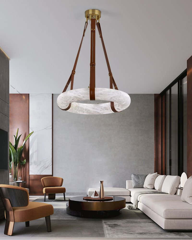 Round LED White Marble Pendant lamp with adjustable leather, Dia 12/16"