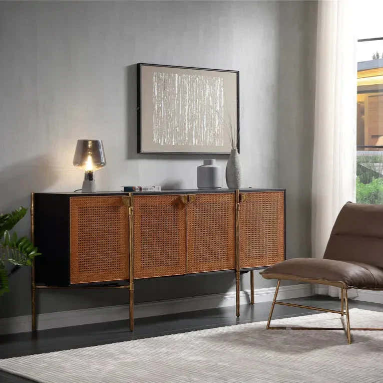 Hand-Forged Metal Metal Frame Rattan Long Side Cabinet