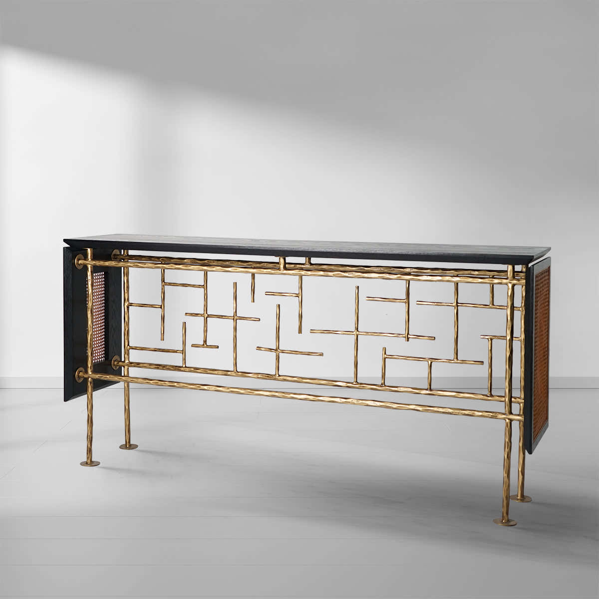 Hand-Forged Metal Metal Frame Rattan Console Table