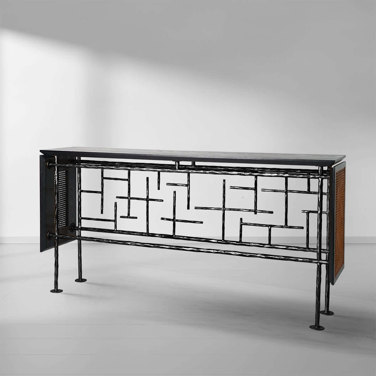 Hand-Forged Metal Metal Frame Rattan Console Table