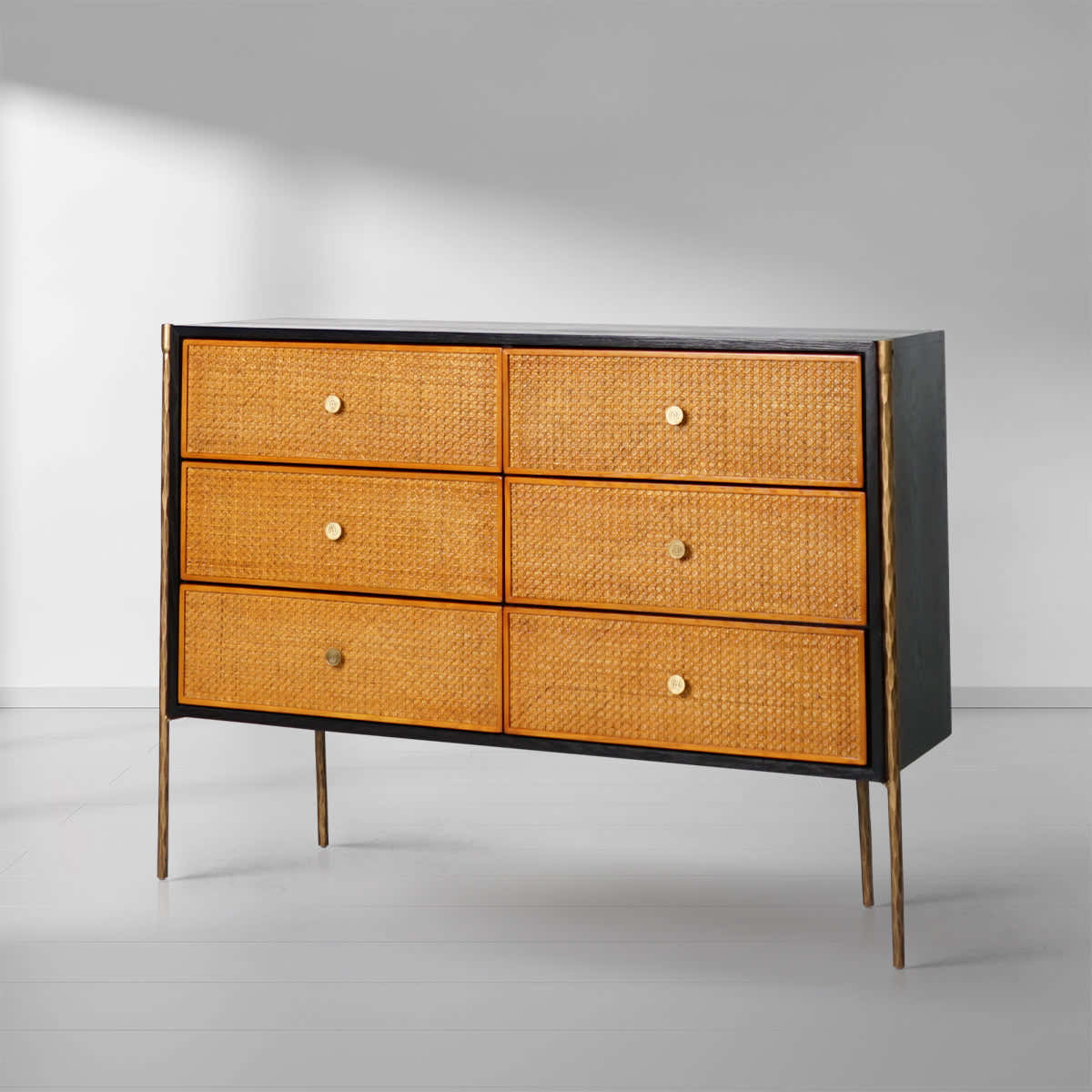 Hand-Forged Metal Metal Frame Rattan 6-Drawer Side Cabinet