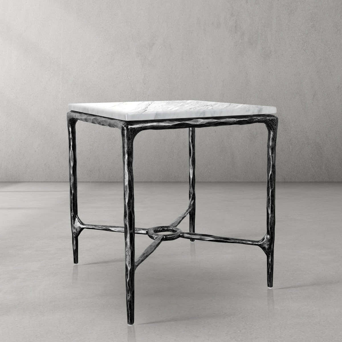 Hand-Forged Metal Mabrble Square Side Table 18" 22" Overhang O