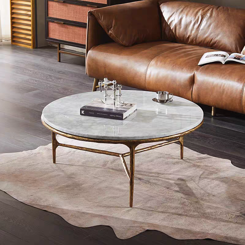 Hand-Forged Metal Marble Round Coffee Table 3 Legs 35"
