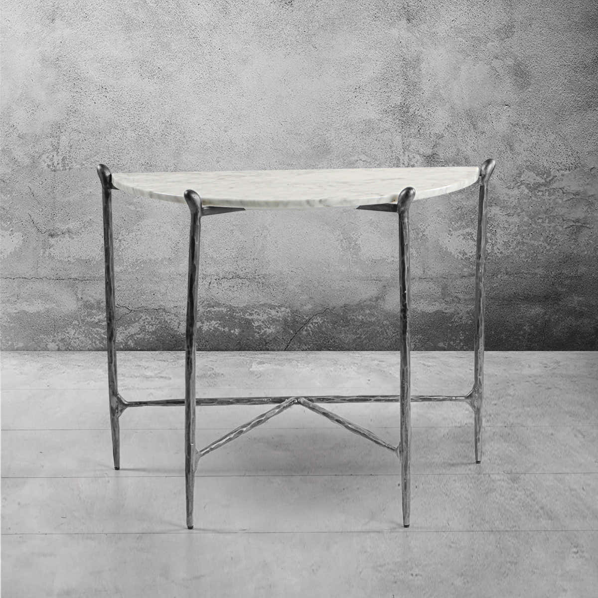 Hand-Forged Metal Horn Semi-Circle Marble Console Table