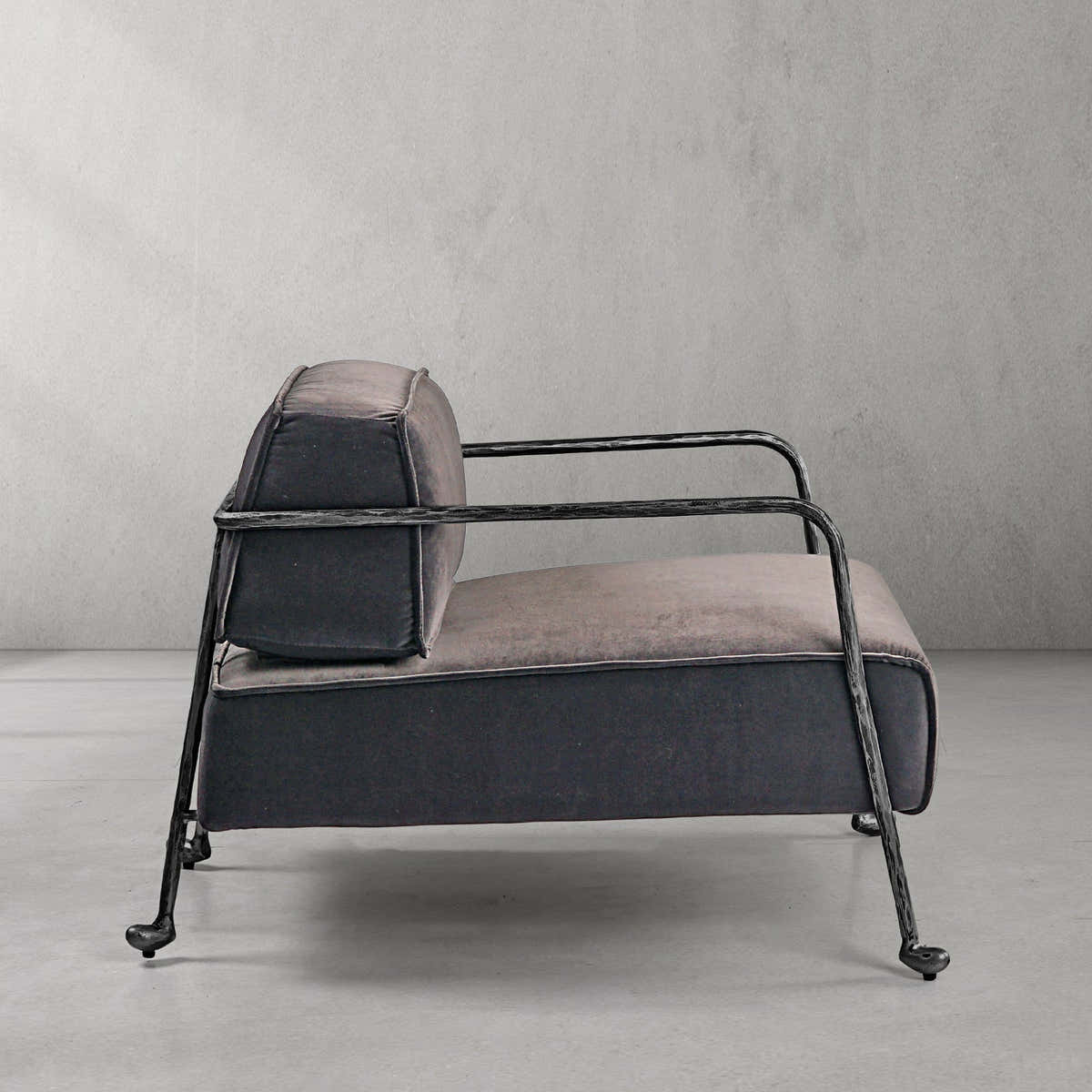 Hand-Forged Metal Gray Velvet Armchair