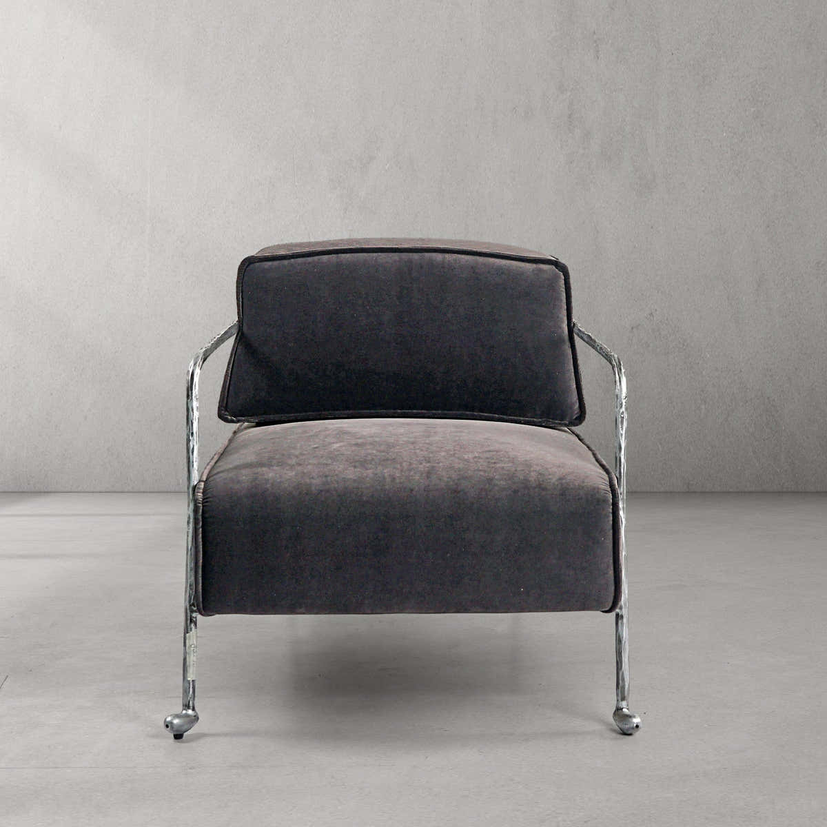 Hand-Forged Metal Gray Velvet Armchair