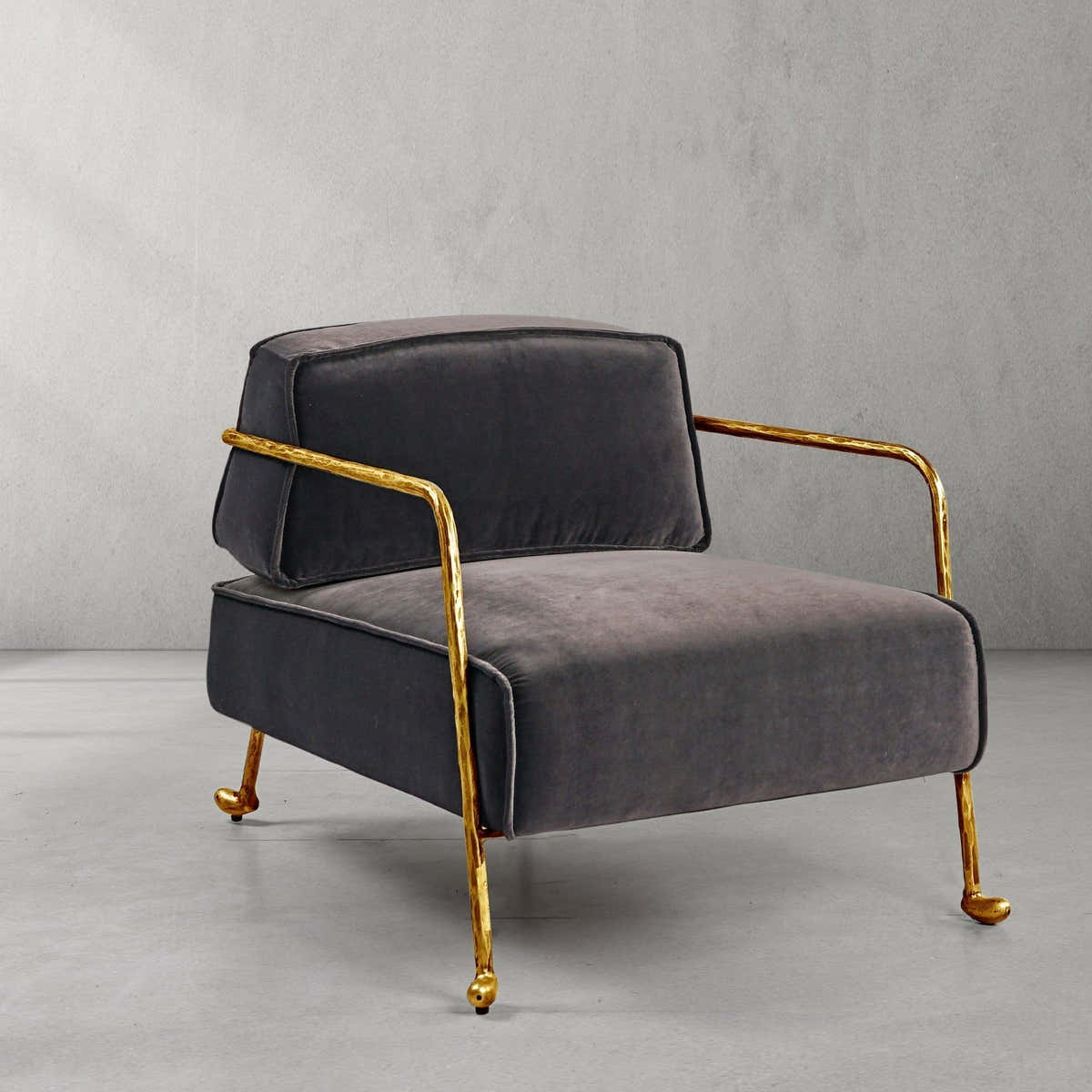 Hand-Forged Metal Gray Velvet Armchair