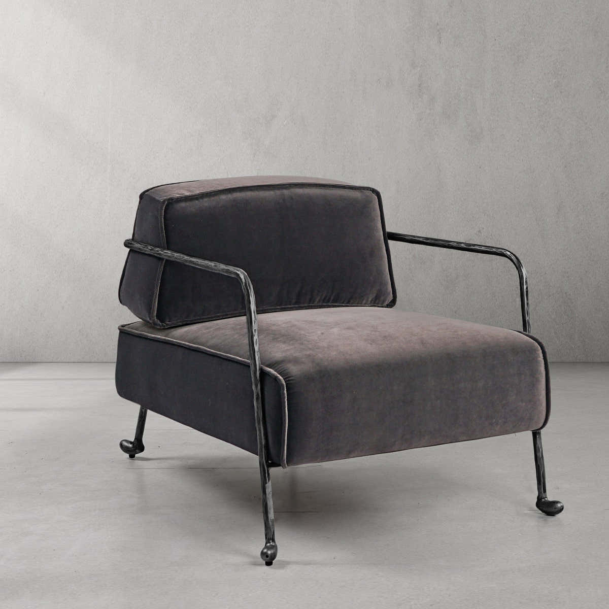 Hand-Forged Metal Gray Velvet Armchair