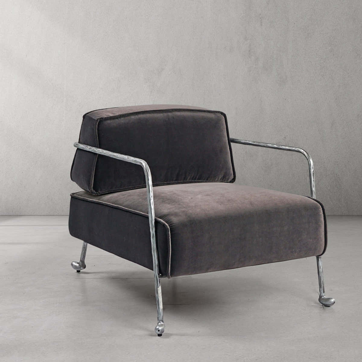 Hand-Forged Metal Gray Velvet Armchair