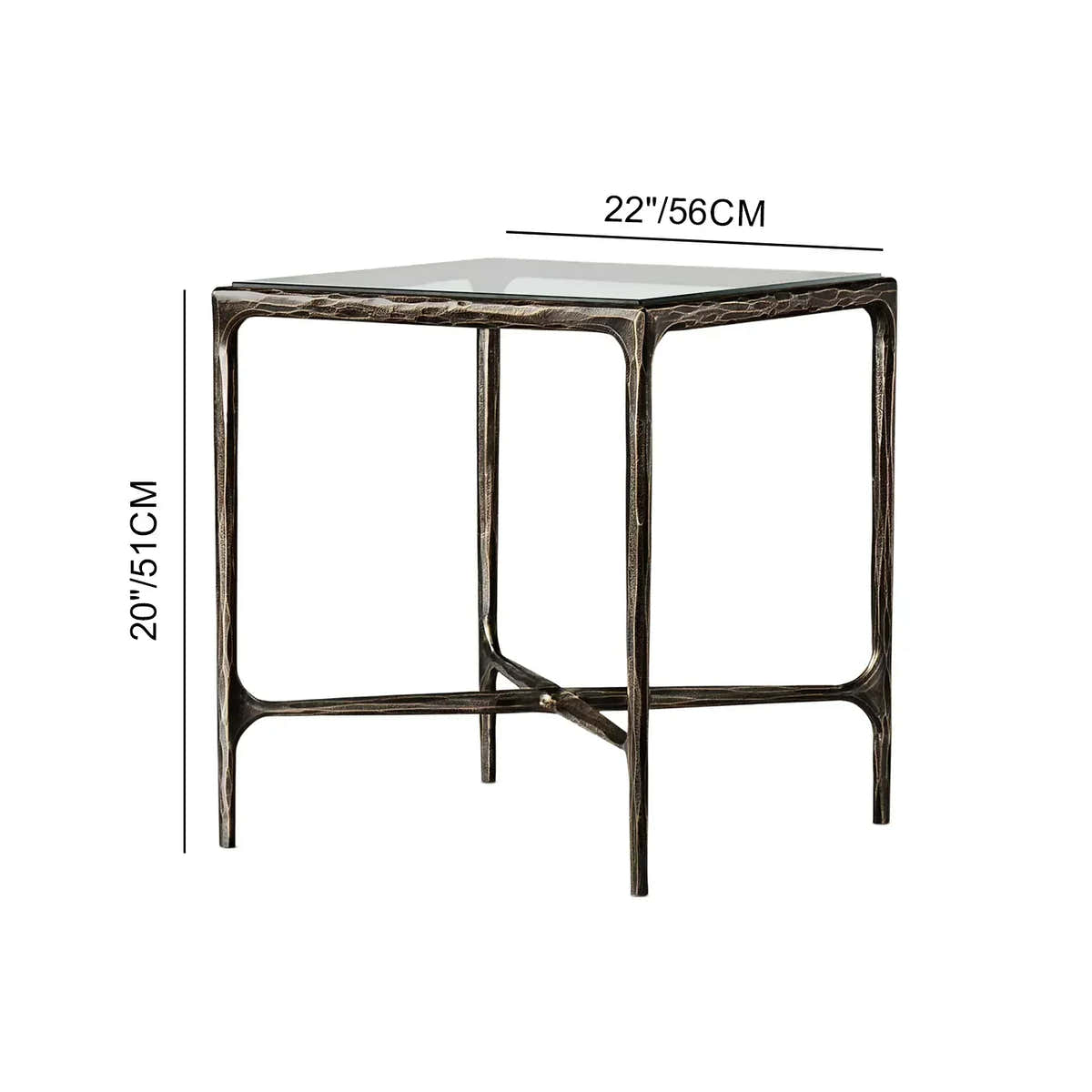 Hand-Forged Metal Glass Square Side Table 18" 22"