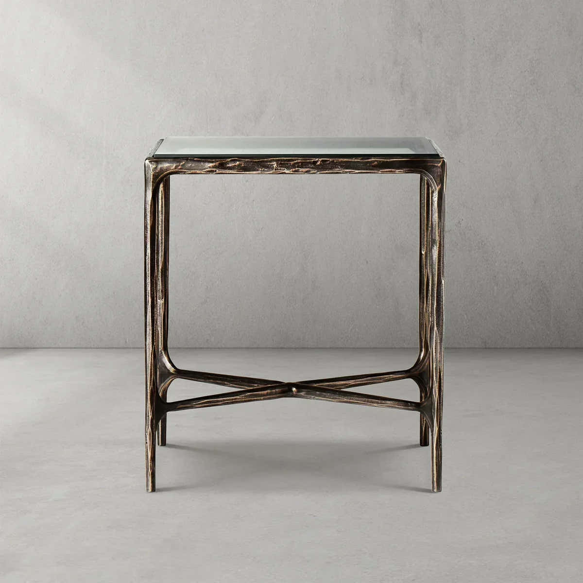 Hand-Forged Metal Glass Square Side Table 18" 22"