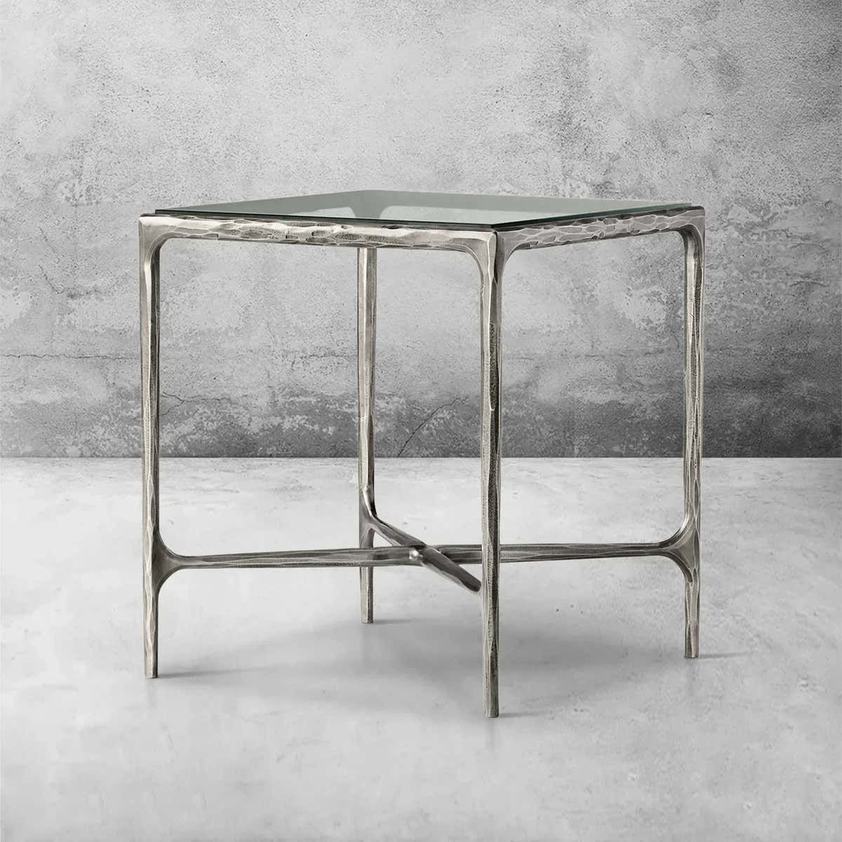 Hand-Forged Metal Glass Square Side Table 18" 22"