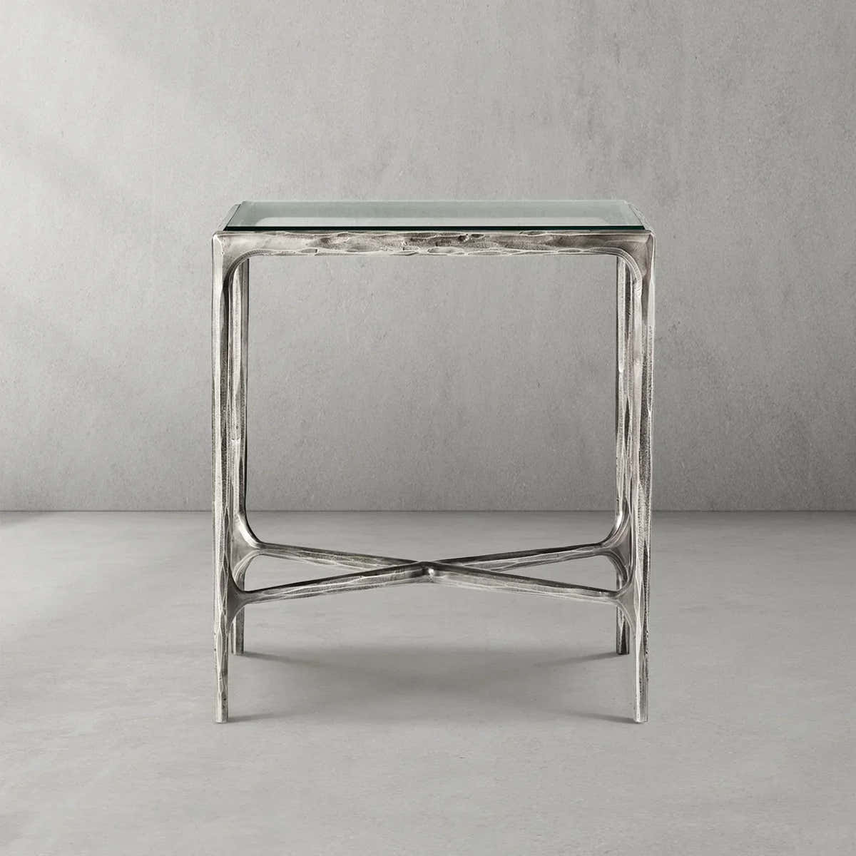 Hand-Forged Metal Glass Square Side Table 18" 22"