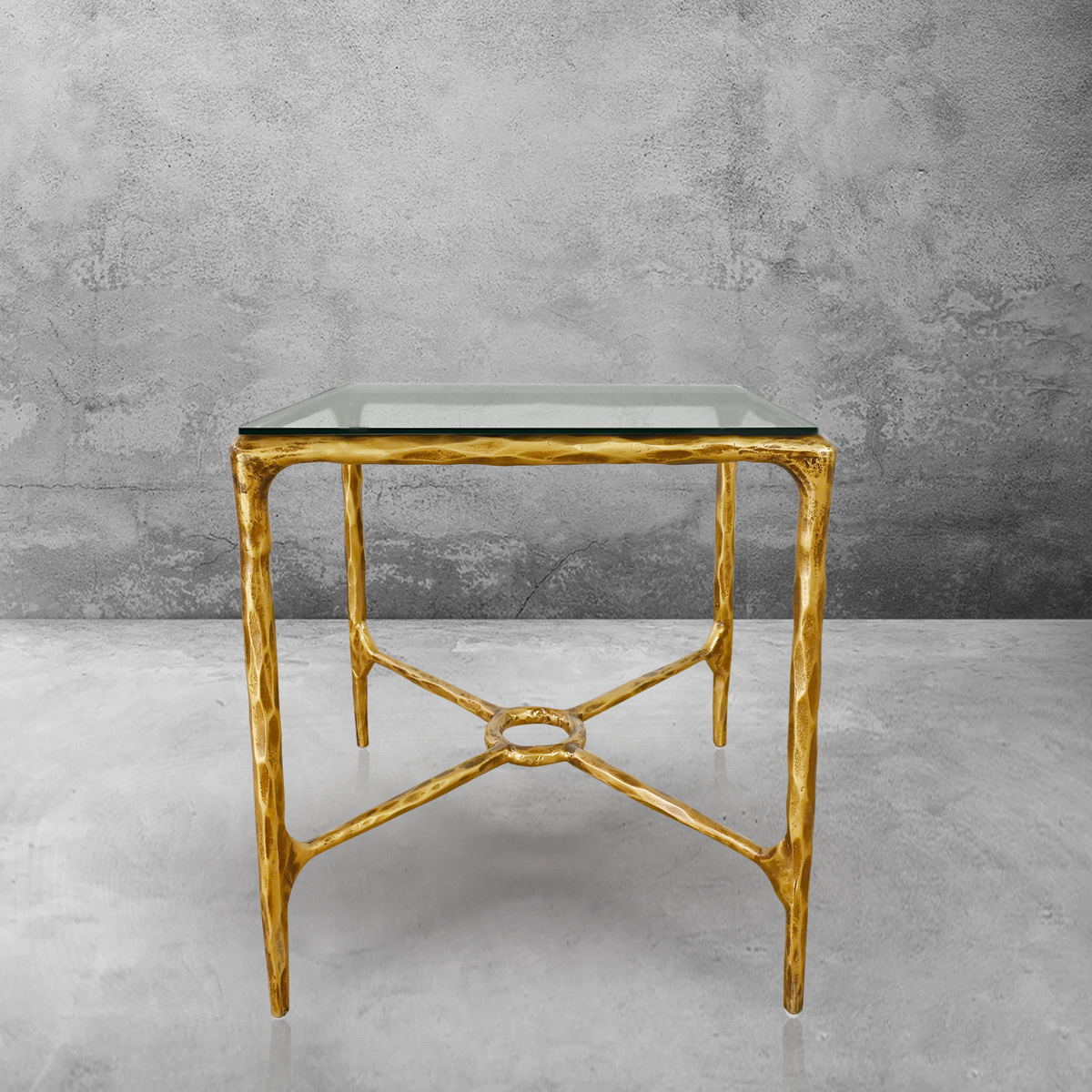 Hand-Forged Metal Glass Square Side Table Overhang O