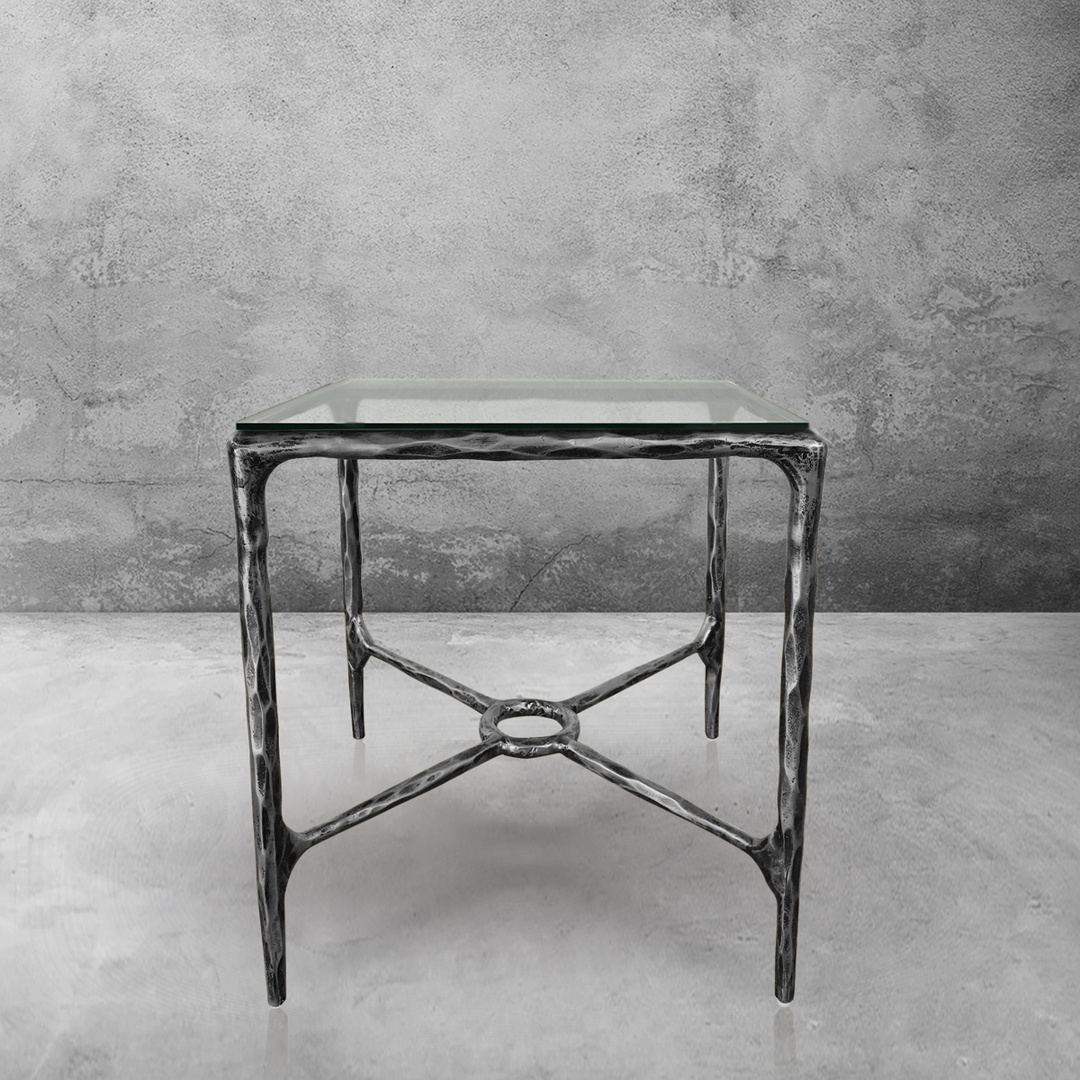 Hand-Forged Metal Glass Square Side Table Overhang O