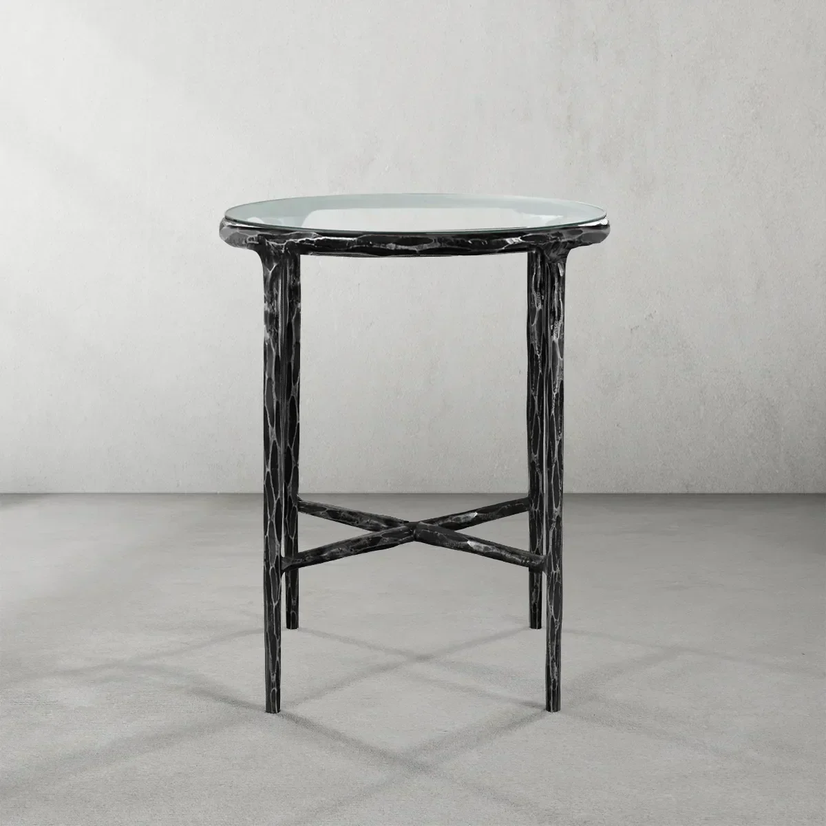 Hand-Forged Metal Glass Round Side Table 18" 22"
