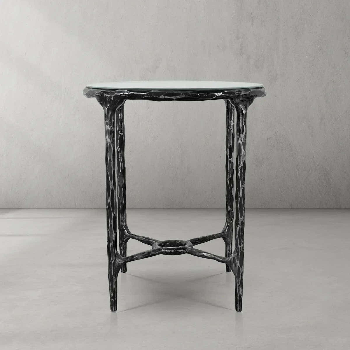 Hand-Forged Metal Glass Round Side Table 18" 22"