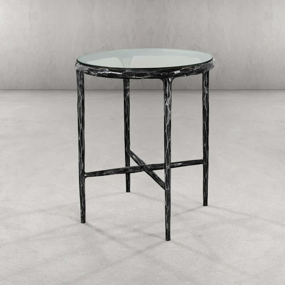 Hand-Forged Metal Glass Round Side Table 18" 22"