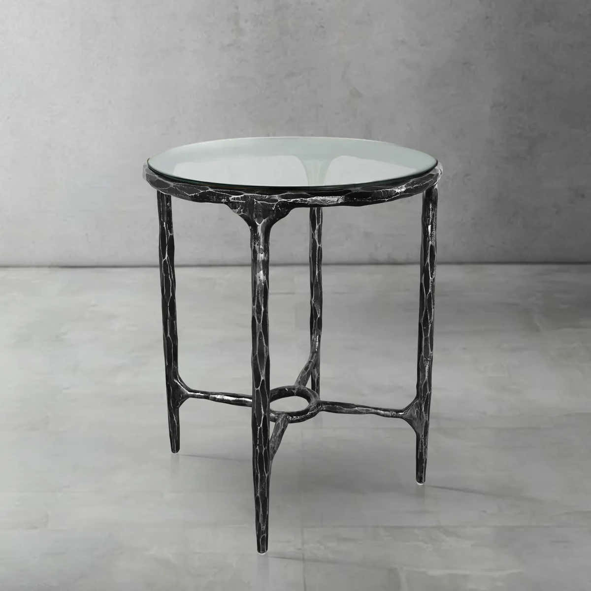 Hand-Forged Metal Glass Round Side Table 18" 22"