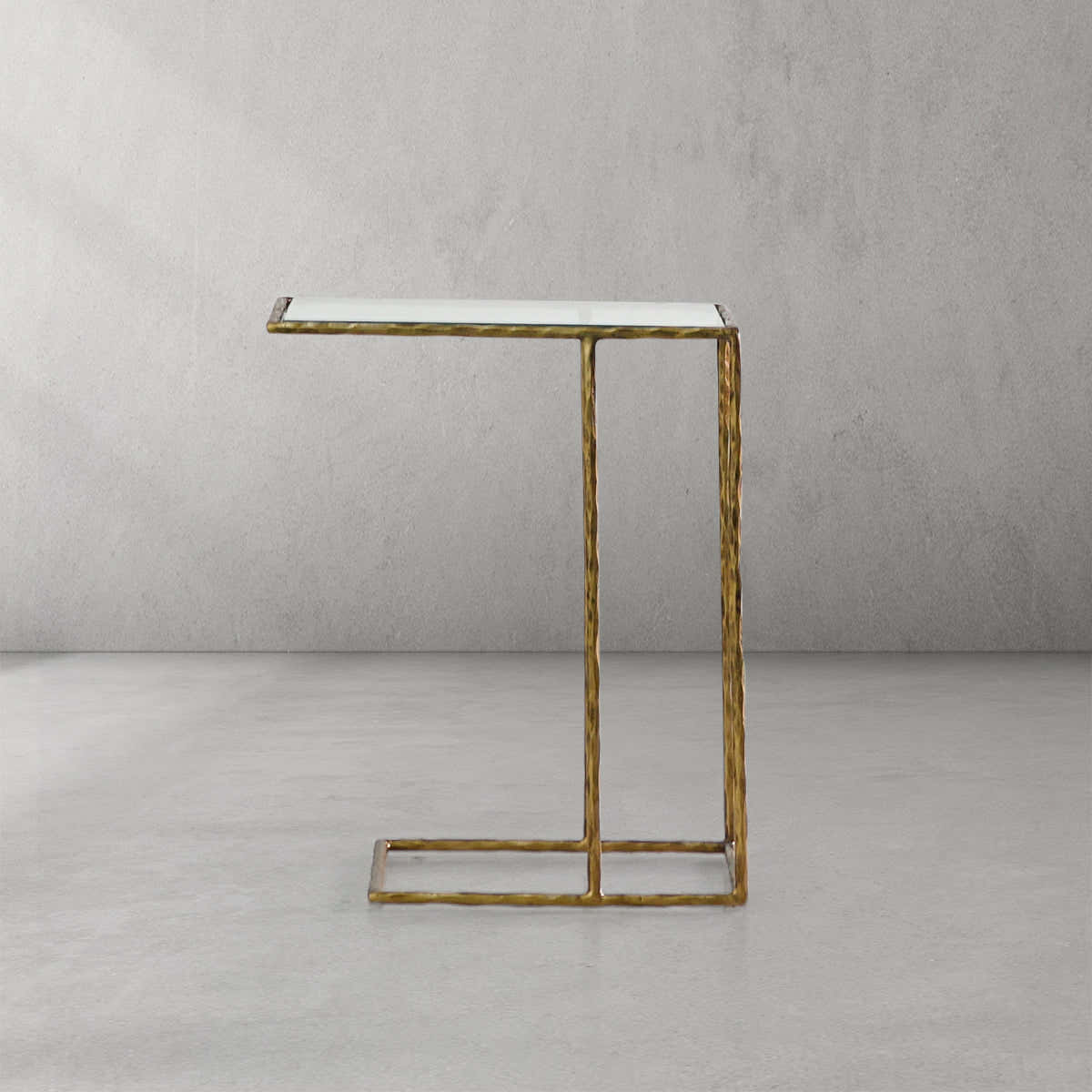 Hand-Forged Metal Glass C-Shaped Side Table