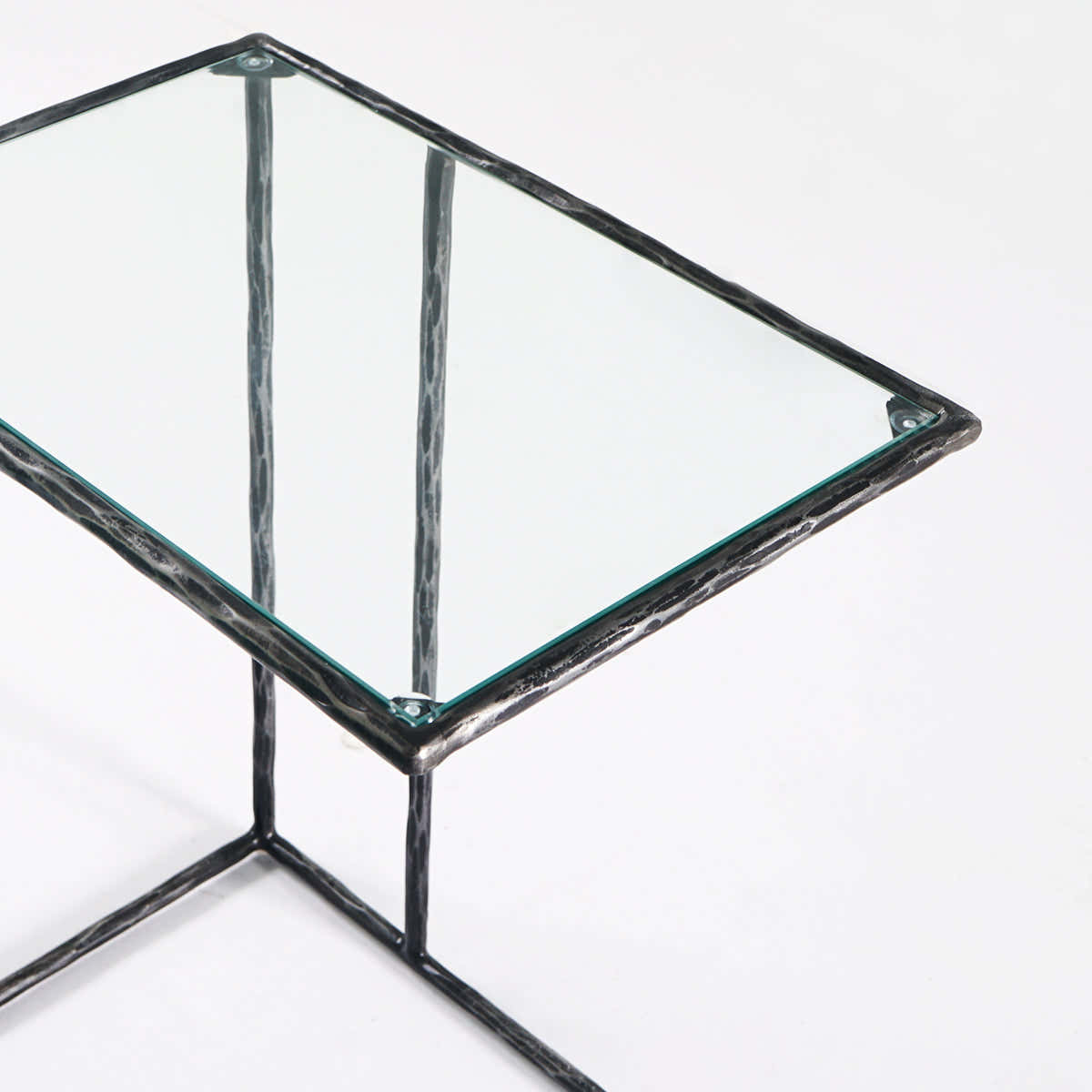 Hand-Forged Metal Glass C-Shaped Side Table