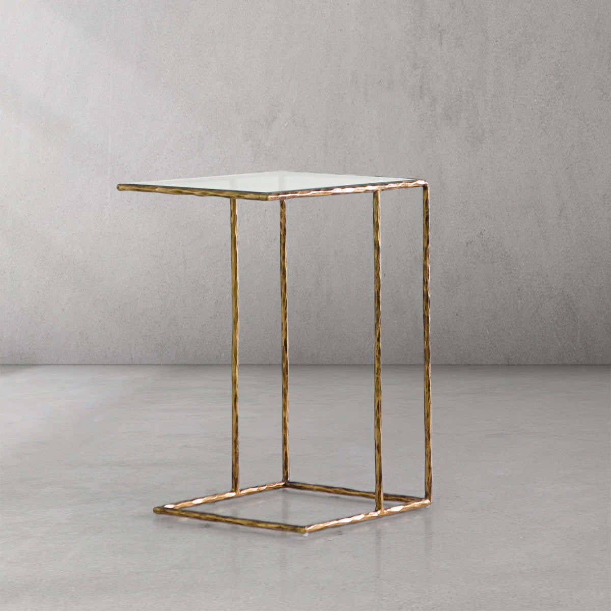 Hand-Forged Metal Glass C-Shaped Side Table