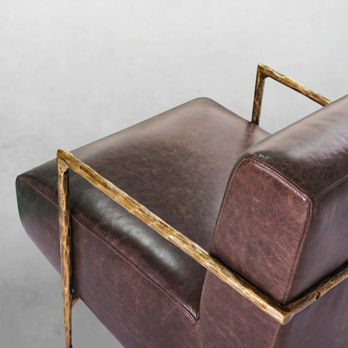 Hand-Forged Metal Genuine Brown Leather Accent Chair