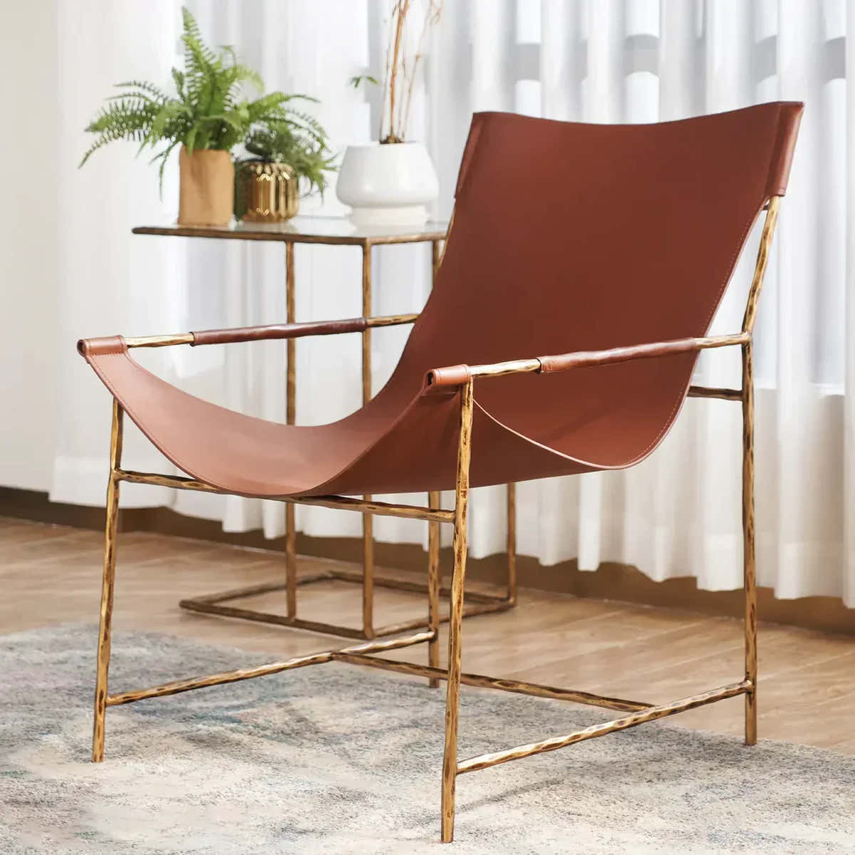 Hand-Forged Metal Brown Leather Lounge Chair