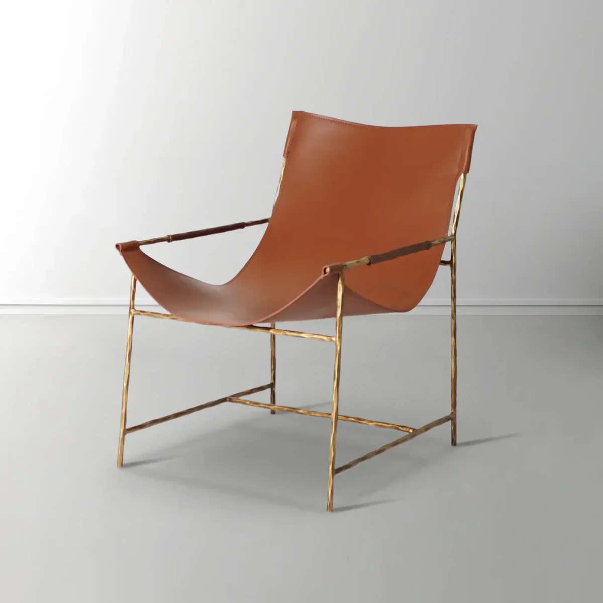 Hand-Forged Metal Brown Leather Lounge Chair
