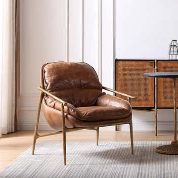 Hand-Forged Metal Brown Leather Accent Chairs