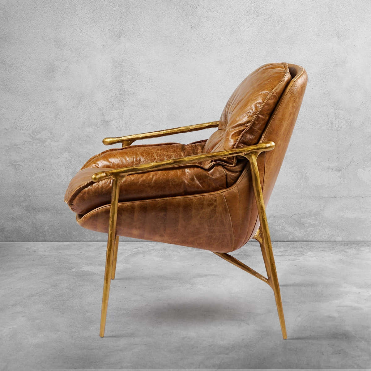 Hand-Forged Metal Brown Leather Accent Chairs