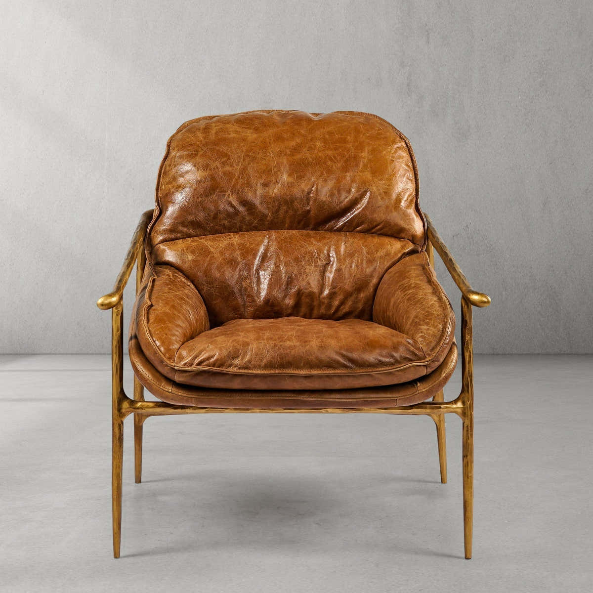 Hand-Forged Metal Brown Leather Accent Chairs