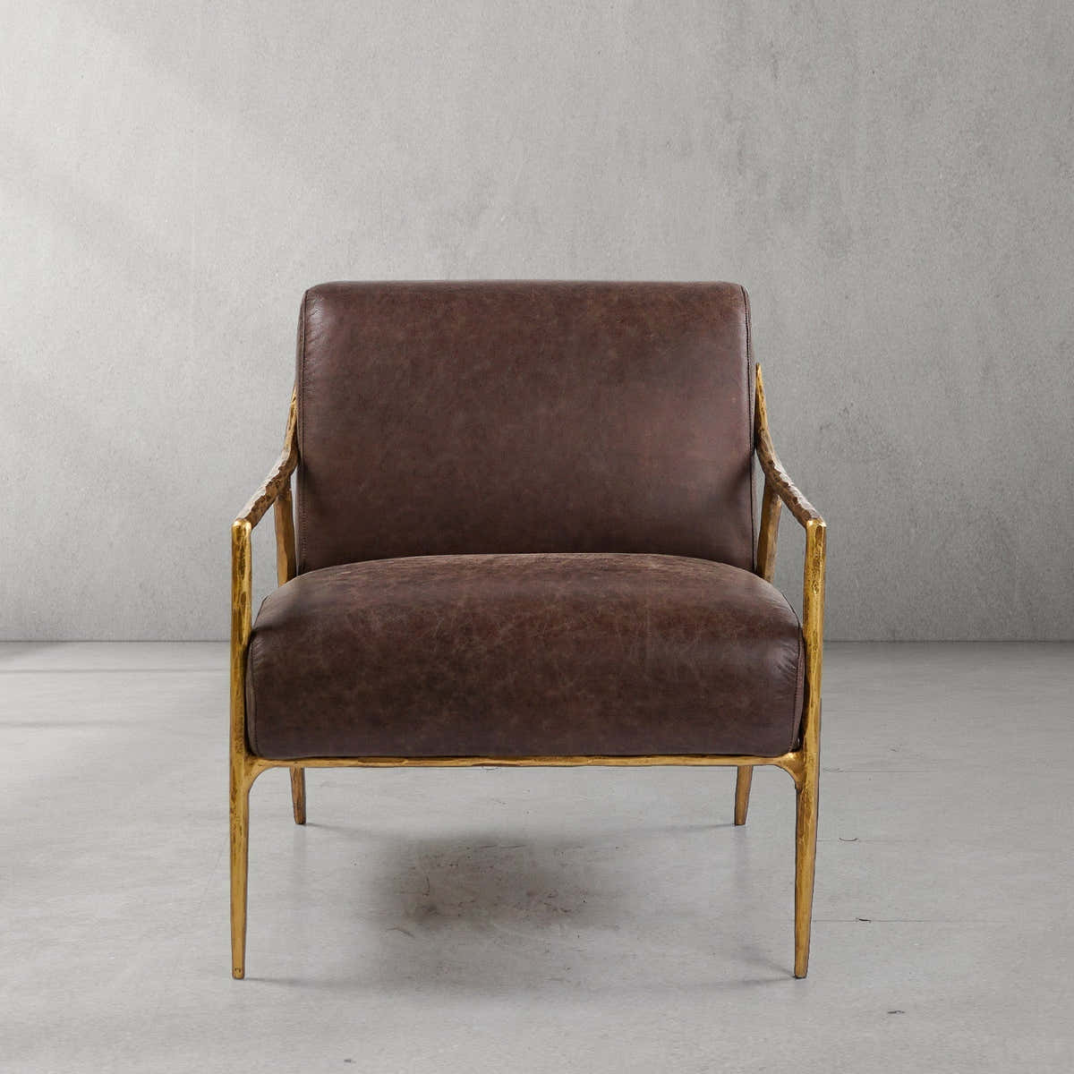 Hand-Forged Metal Brown Leather Accent Chair