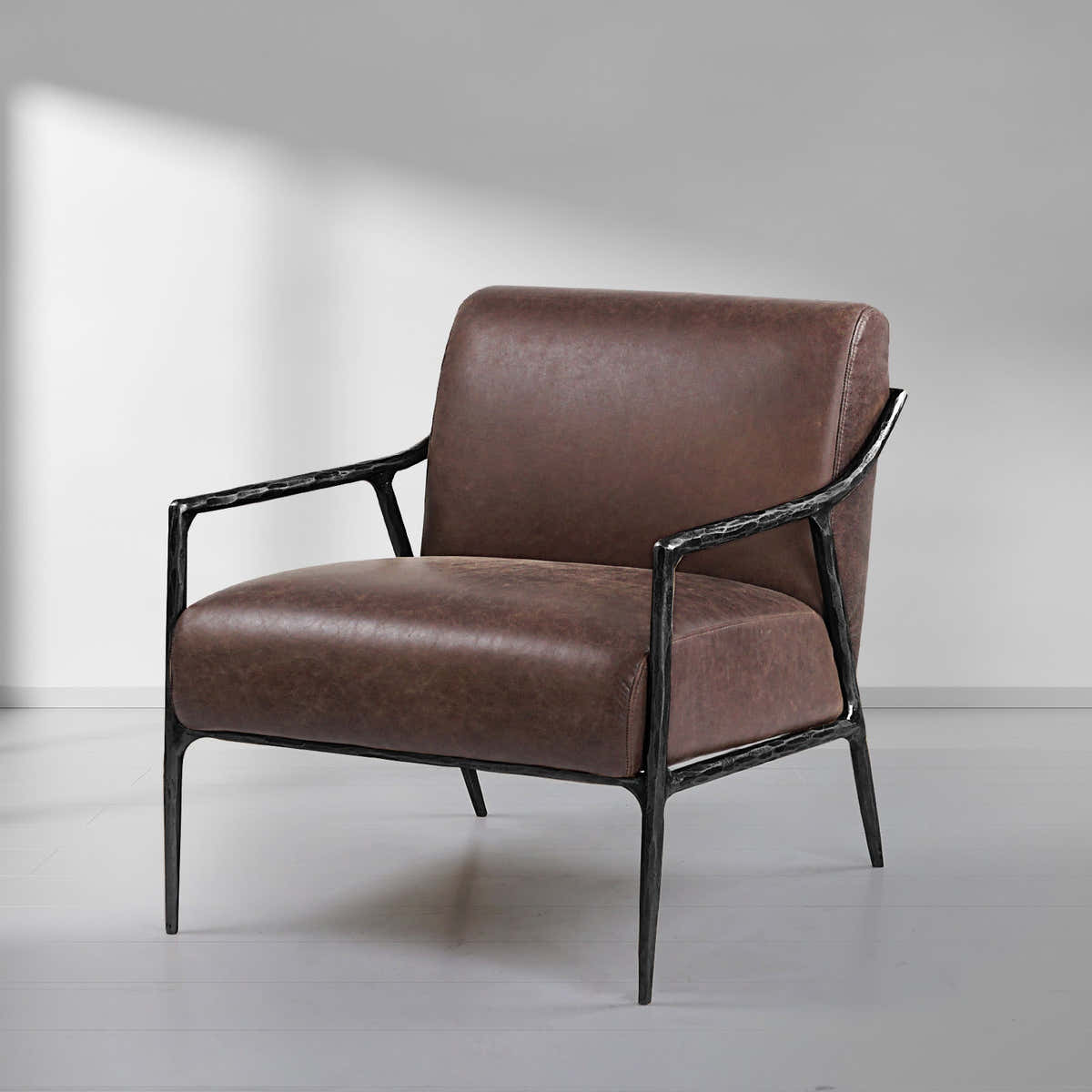 Hand-Forged Metal Brown Leather Accent Chair