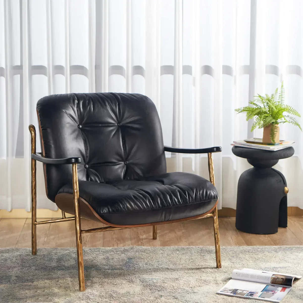 Hand-Forged Metal Black Leather Accent Chairs
