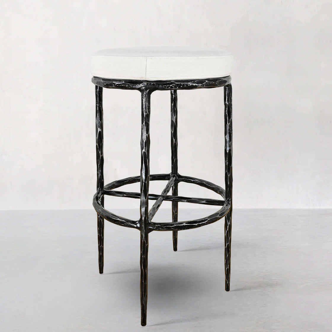 Hand-Forged Metal Backless Fabric Swivel Stool