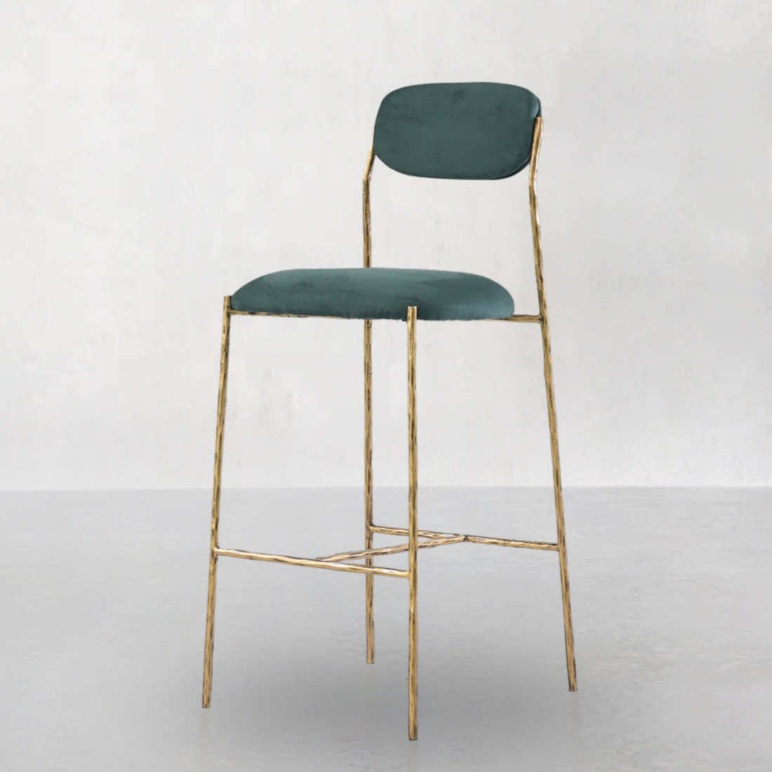 Hand-Forged Metal Green Fabric Bar Stool