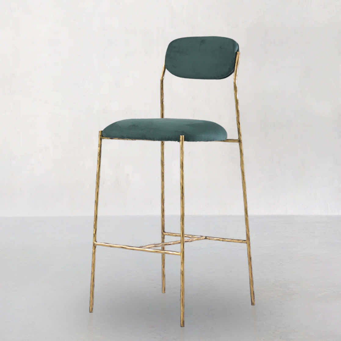 Hand-Forged Metal Green Fabric Bar Stool