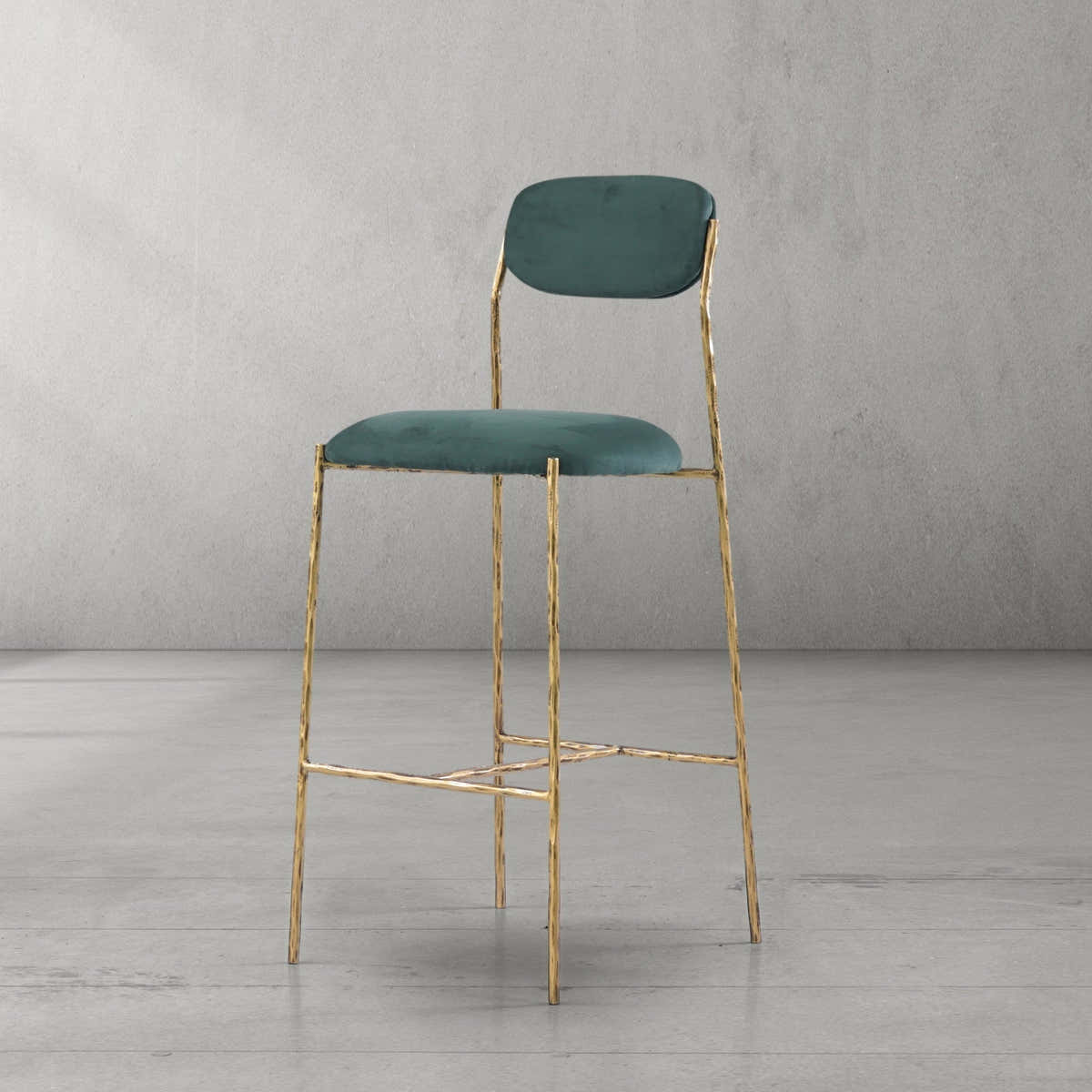 Hand-Forged Metal Green Fabric Bar Stool