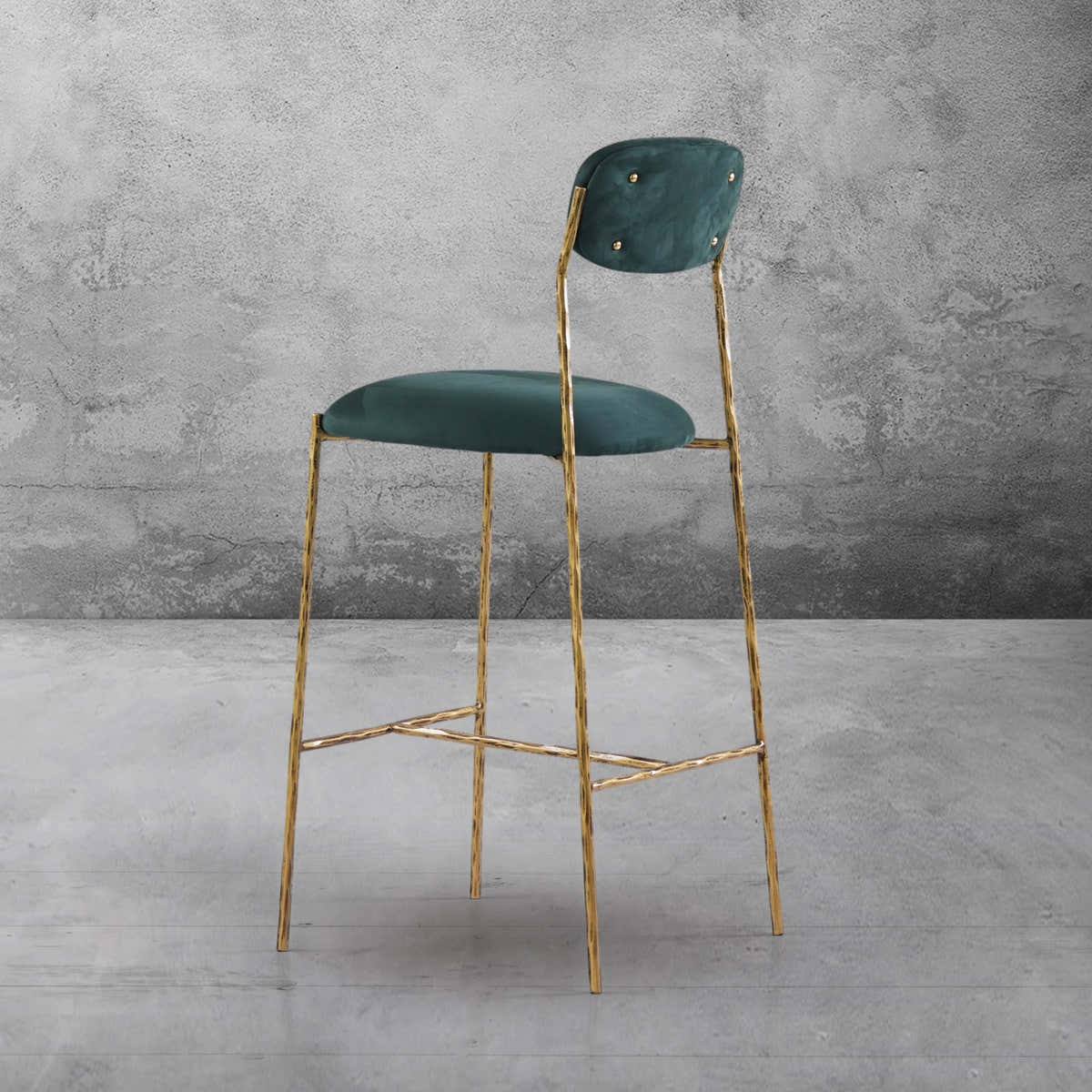 Hand-Forged Metal Green Fabric Bar Stool