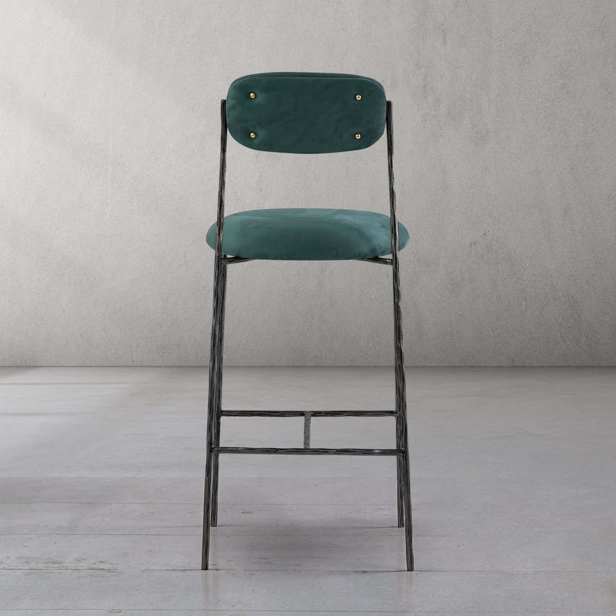 Hand-Forged Metal Green Fabric Bar Stool