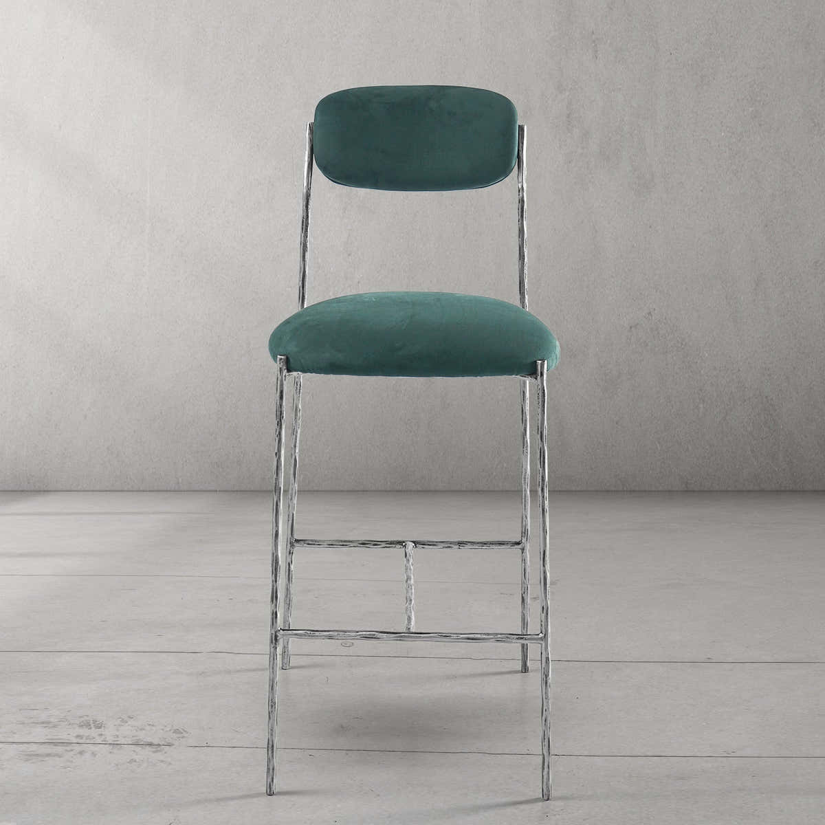 Hand-Forged Metal Green Fabric Bar Stool
