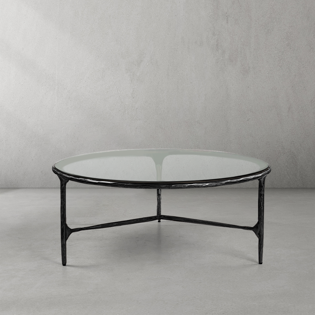 Hand-Forged Metal Glass Round Coffee Table 3 Legs 35"