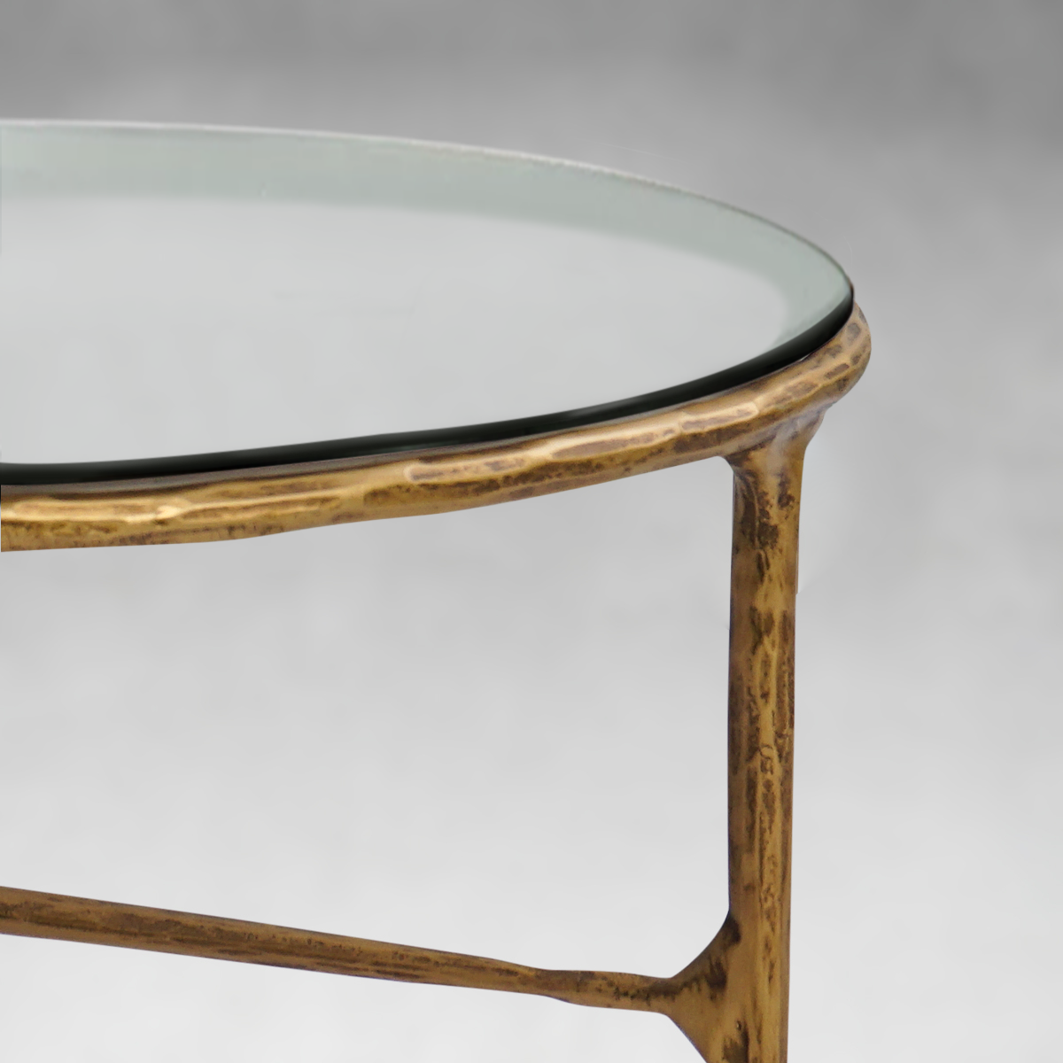 Hand-Forged Metal Glass Round Coffee Table 3 Legs 35"